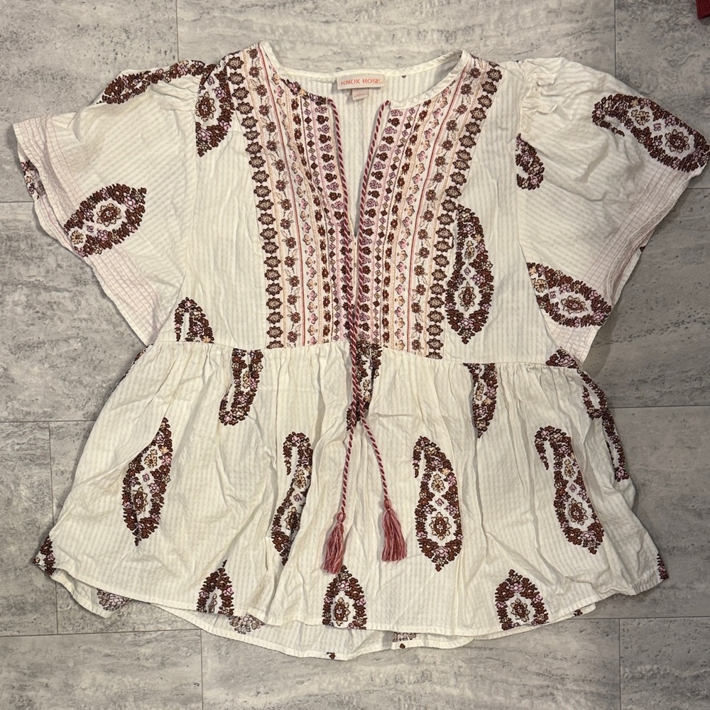 Knox Rose Cream and Brown Embroidered Blouse